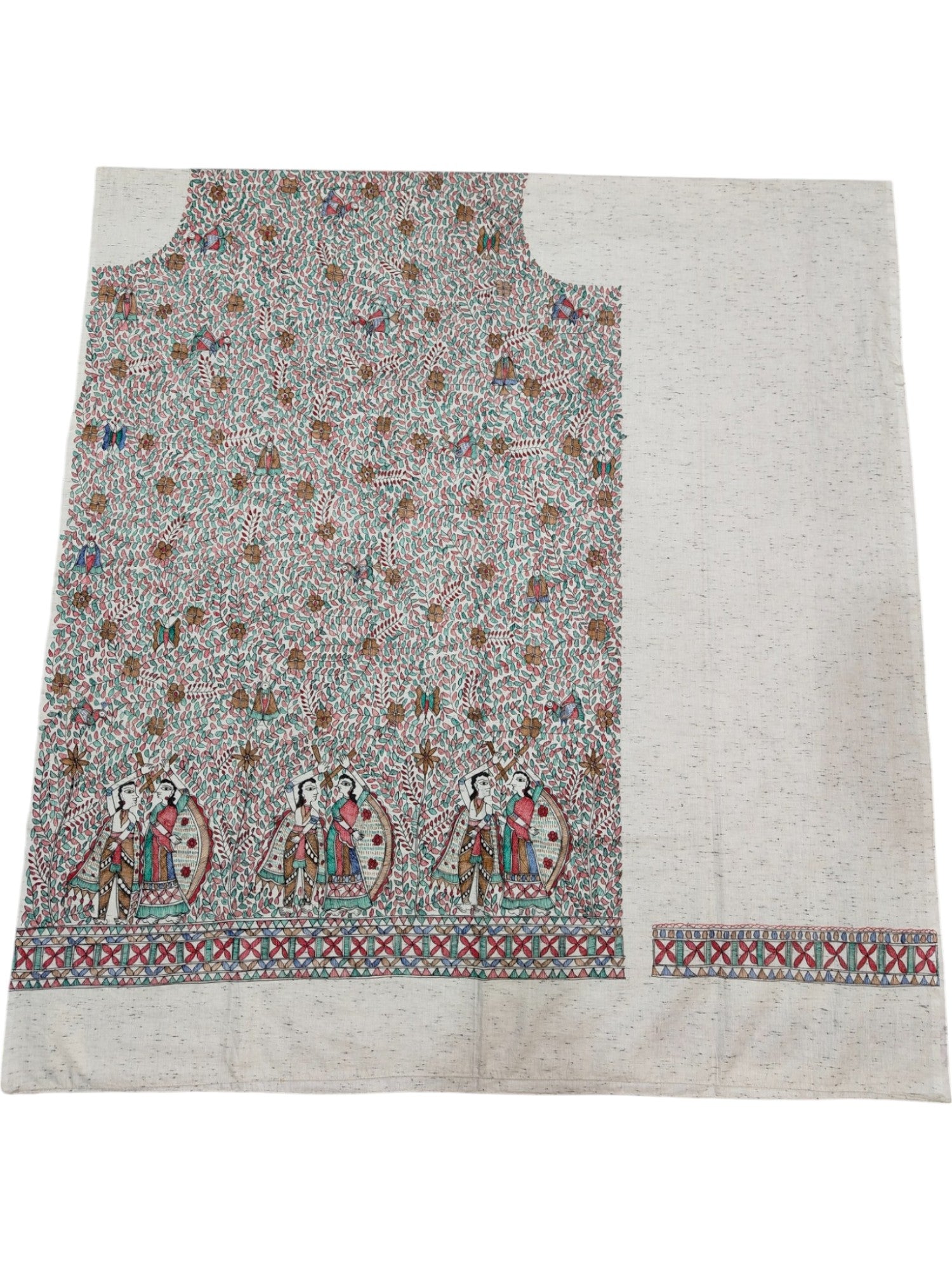 All-Over Hand-Painted Unstitched Madhubani Kurti on Cotton – Off-White